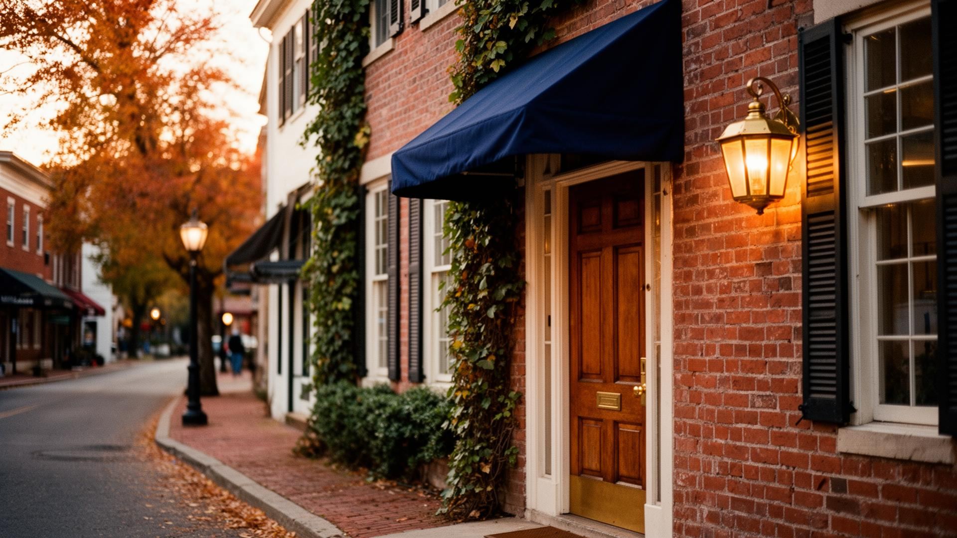 Historic brick storefront on a small-town Pennsylvania main street at dusk with a brass lantern
