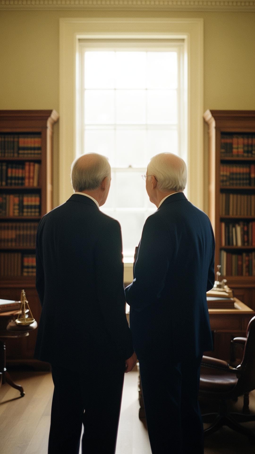 Two attorneys in a sunlit historic law office, viewed from behind