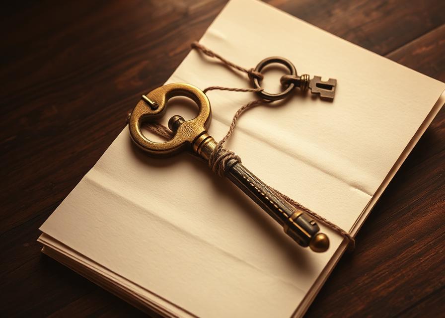 Antique brass key resting on folded ivory legal documents tied with twine