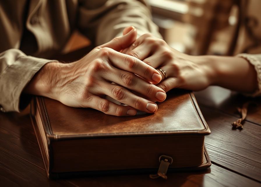 Clasped hands of an elder and a younger adult resting on a leather-bound book
