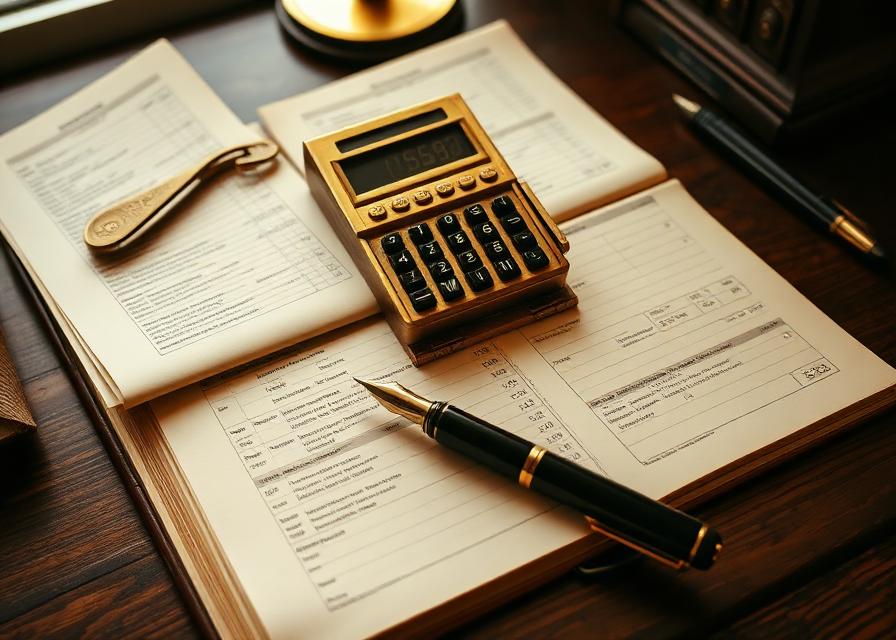 Vintage brass calculator and fountain pen on a tax ledger