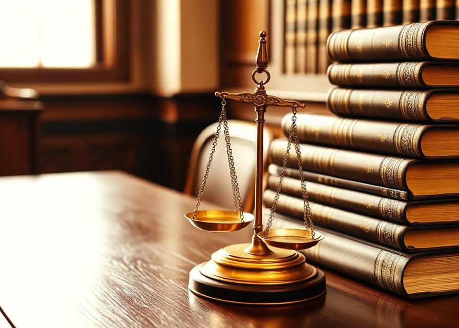 Brass scales of justice beside a stack of bound legal volumes on a walnut desk